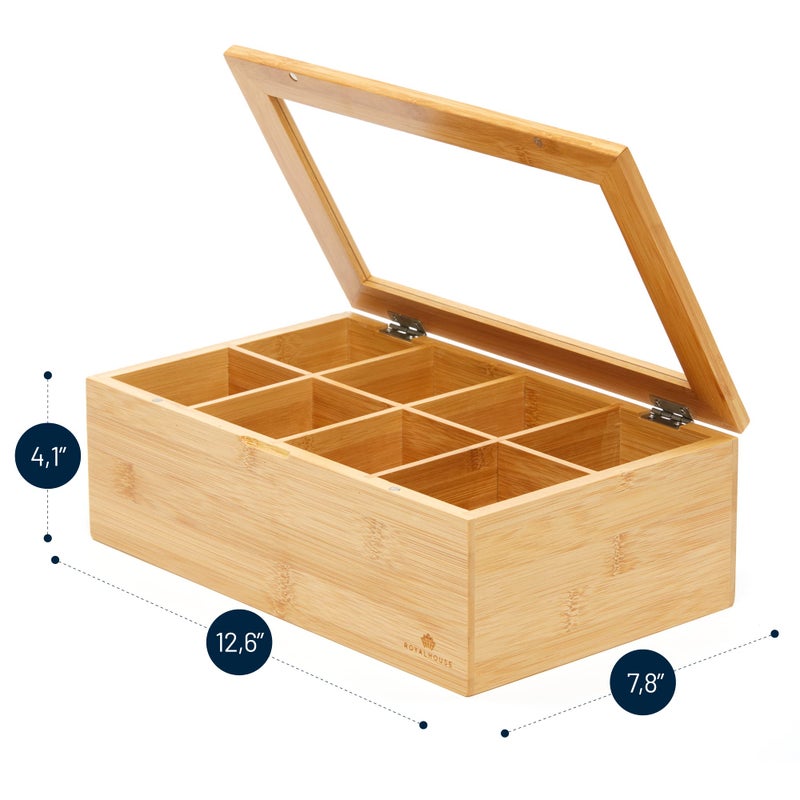 RoyalHouse Big Natural Bamboo Tea Storage Organizer with Clear Acrylic Top Window, 8 Compartments Eco-Friendly Tea Bag Holder, Multi-Functional Storage Box - Image 3